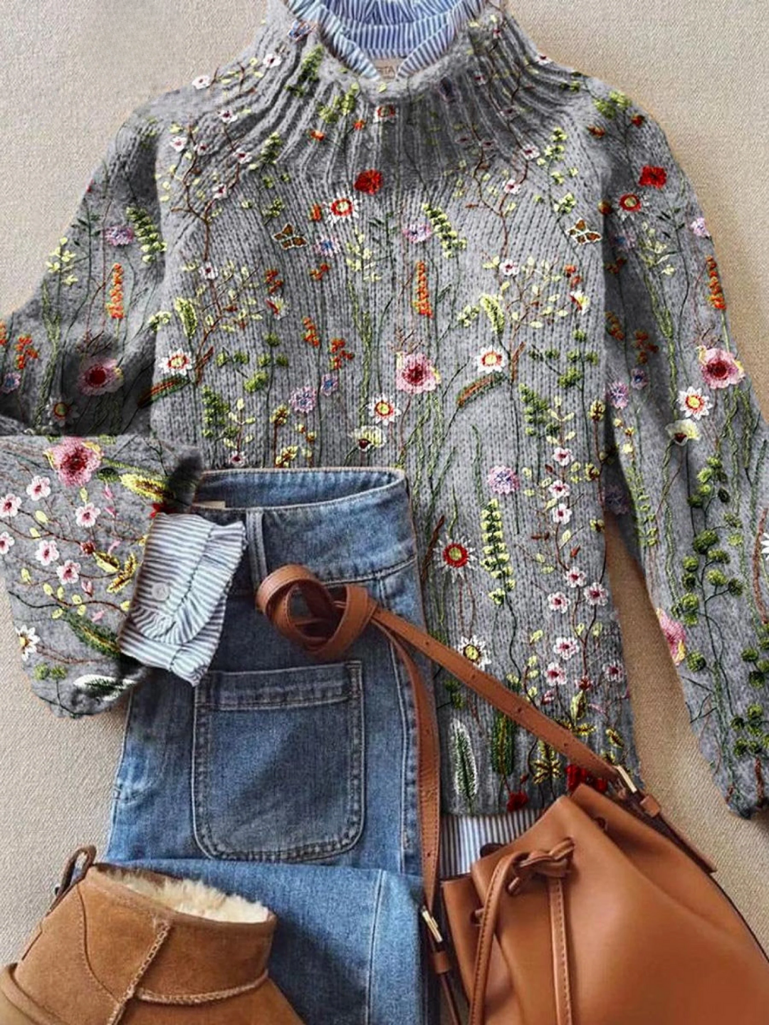 Maurine | Romantic Floral High-Neck Knit Top