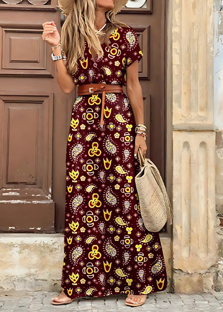 Briony – Longue robe élégante avec imprimés cachemire et ceinture