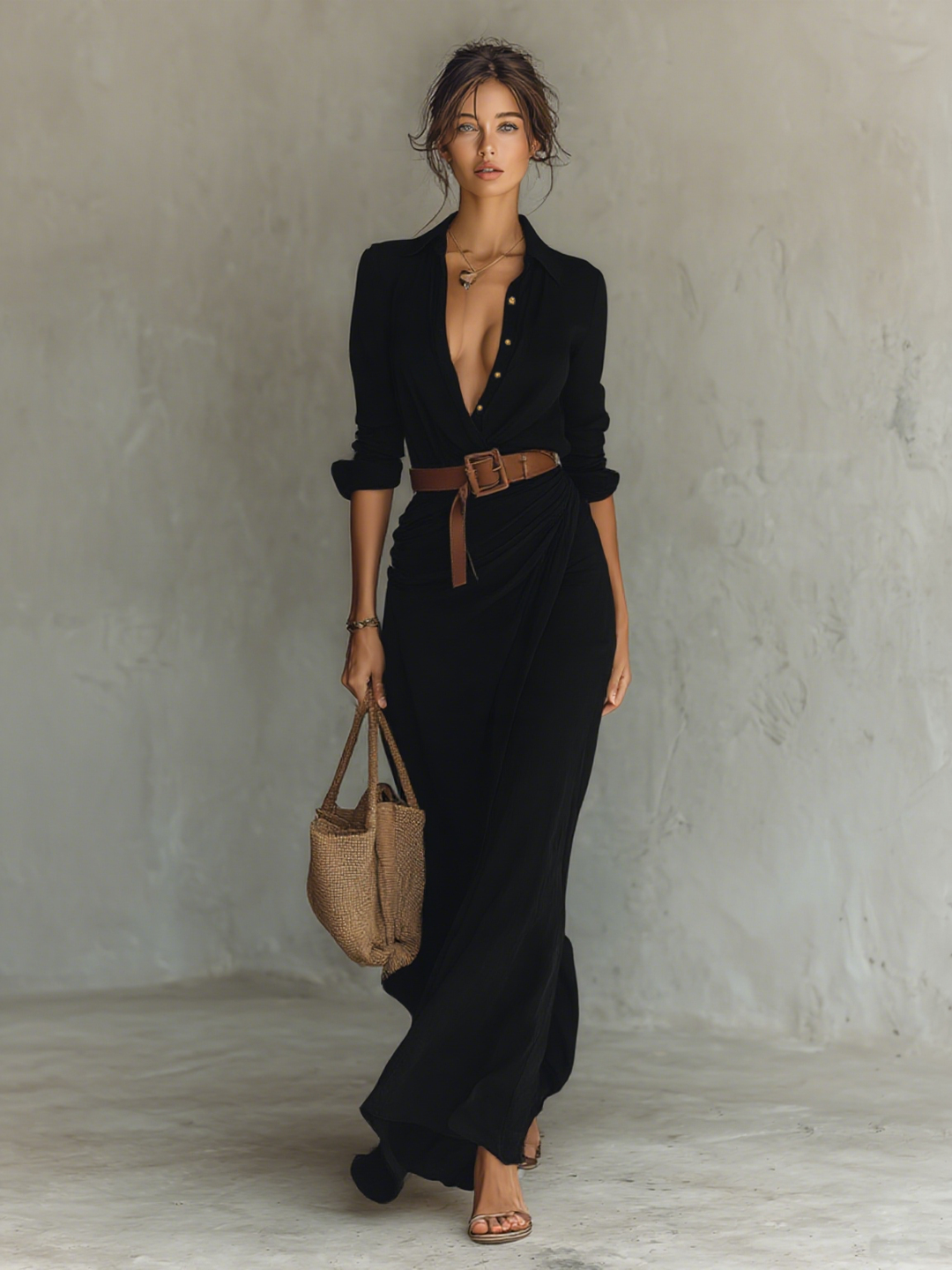 Robe longue ceinturée à revers et manches longues, boutonnage simple