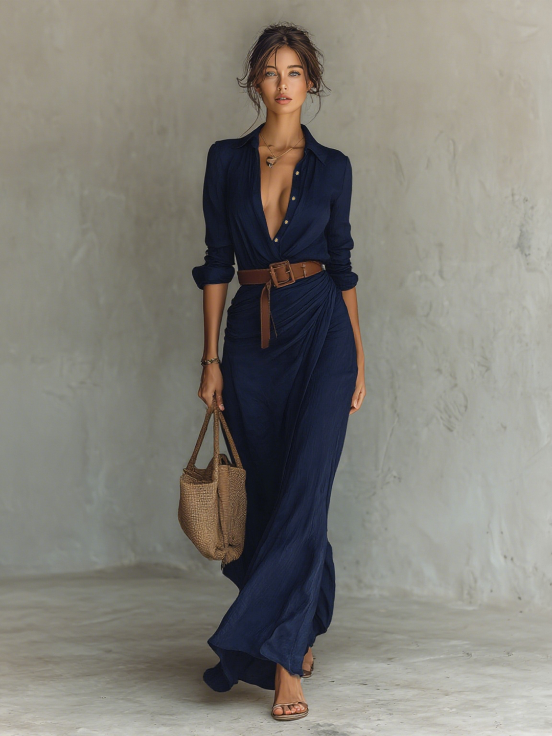Robe longue ceinturée à revers et manches longues, boutonnage simple