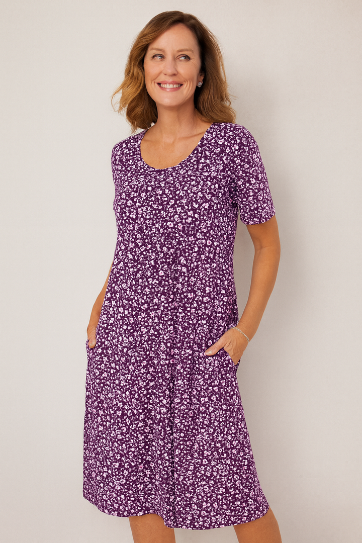 Maribelle | Robe midi florale sans effort - Couvre le haut des bras et le ventre