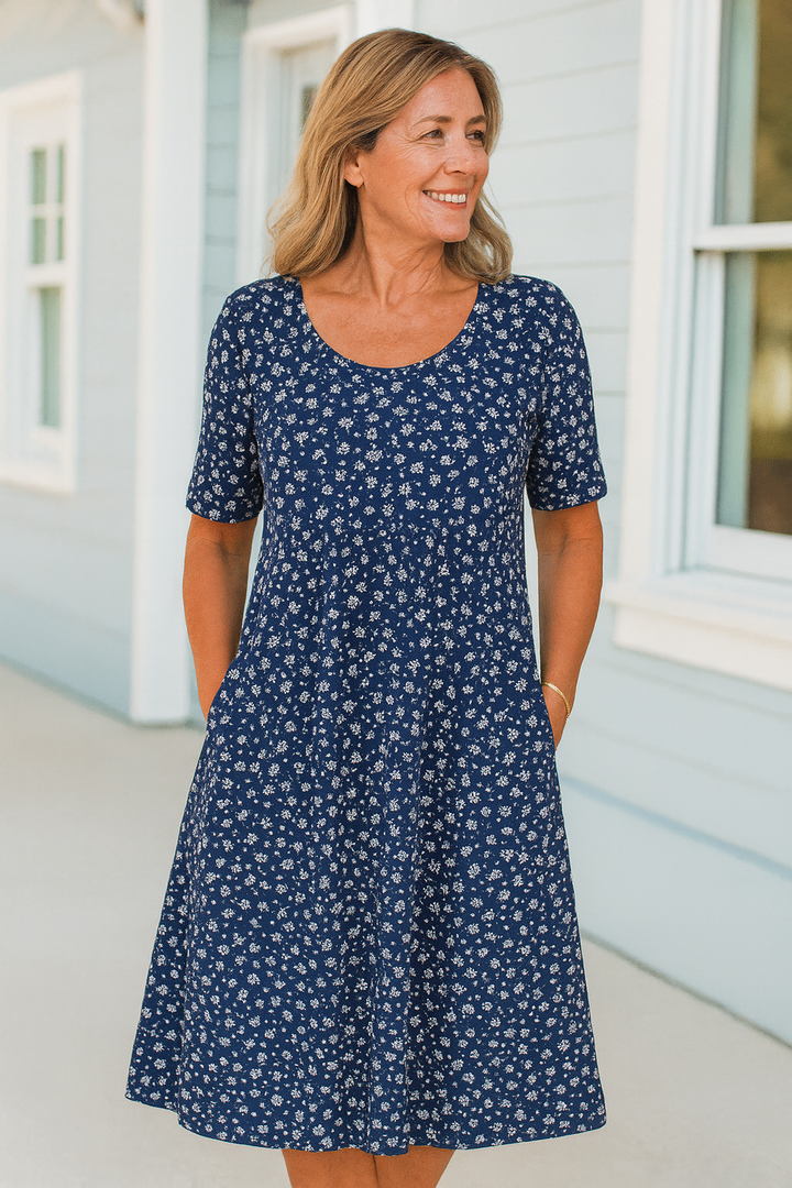 Maribelle | Robe midi florale sans effort - Couvre le haut des bras et le ventre