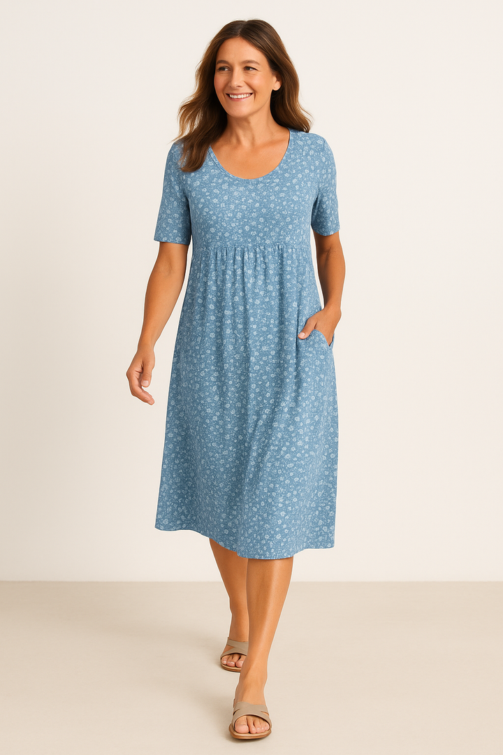 Maribelle | Robe midi florale sans effort - Couvre le haut des bras et le ventre