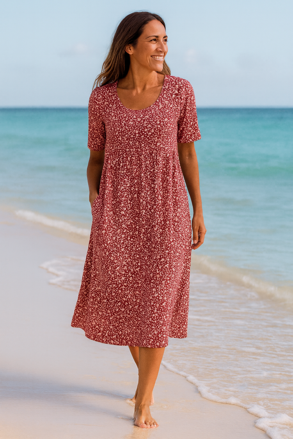 Maribelle | Robe midi florale sans effort - Couvre le haut des bras et le ventre