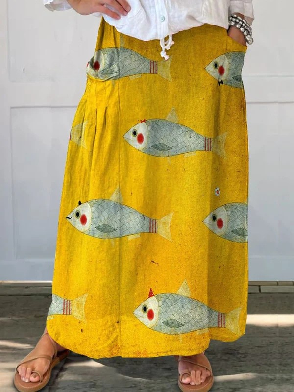 Elli™ | Jupe à poches imprimée motif poisson vintage