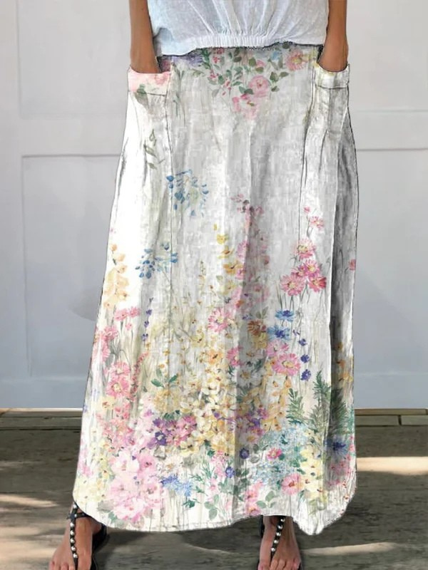 Roxane™ | Jupe taille élastique avec poches à motif floral botanique vintage