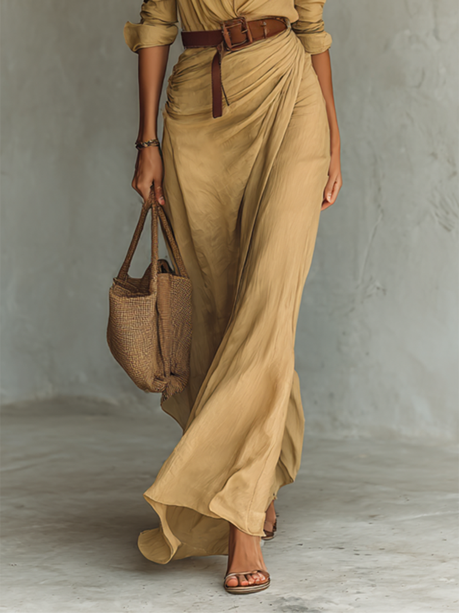 Robe longue ceinturée à revers et manches longues, boutonnage simple
