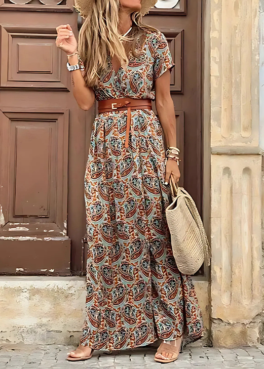 Briony – Longue robe élégante avec imprimés cachemire et ceinture